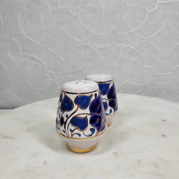 VTG Signed Salt & Pepper Shakers 3" Blue Floral Porcelain Gold Trim Hand Painted - Picture 2 of 14